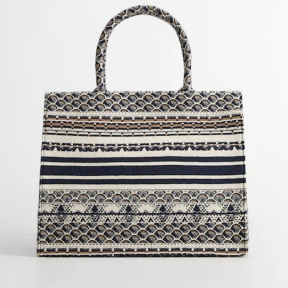 MANGO Patterned Navy and Cream Tote Bag - Picture 2 of 6